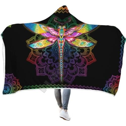 Plstar Cosmos Colorful Mandala Dragonfly Hooded Blanket 3D full Printed Wearable Blanket Adults men women kids Boy Girl Blanket