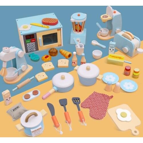 Wooden Kitchen Pretend Toy Simulation Wooden Coffee Machine Toaster Machine Food Mixer Baby Early Learning Educational Toys Gift