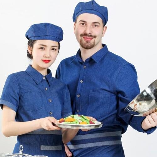 Denim Chef Work Clothing Short Sleeve Summer Mens Denim Cotton Chef Uniform Cake Shop Women Fashion Cheap Blue Chefs Jacket