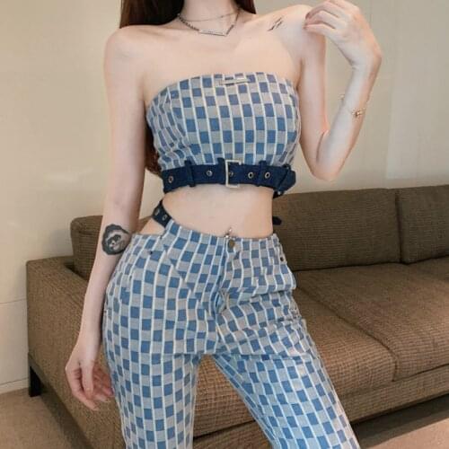 Summer Sexy Two Piece Set Women Sleeveless Plaid Camisole Crop Top + High Waist Long Flare Pant Suits Fashion Two Piece Set