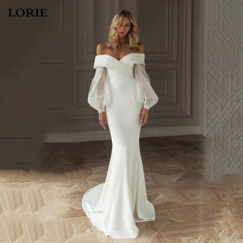 LORIE Modest Mermaid Wedding Dresses Sequins Glitter Tulle Off The Shoulder Princess Bridal Gowns Soft Satin Boho Wedding Gowns
