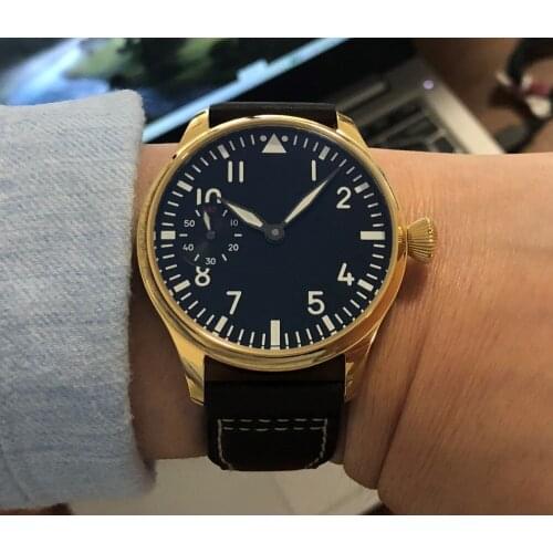 Mineral glass or Sapphire crystal 44mm NO LOGO Asian 6497 movement golden case luminous Mechanical mens watch GR13-21