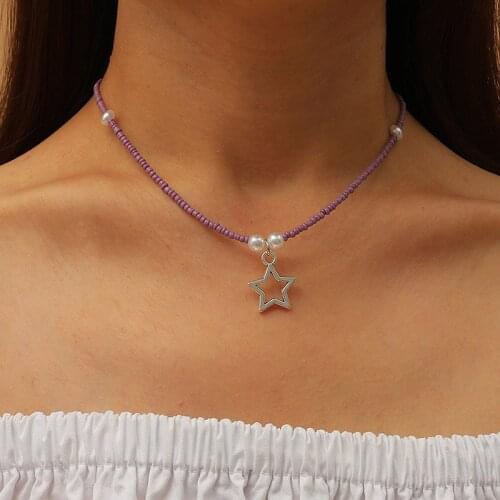 Trendy Female Silver Color Metal Star Pentagram Necklaces & Pendants For Women Fashion Purple Beads Handmade Beaded Necklace