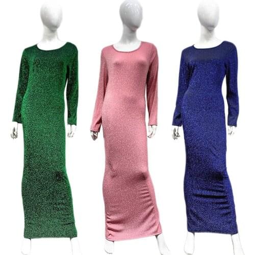 Muslim Women Long Dress Stretch Elastic Arab Solid Color Long Sleeve Maxi Robe Ladies Bodycon Sheath Pencil Long Dress Fashion