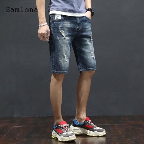 Samlona Mens Denim Shorts Sexy Leisure Jean Half Pants Blue Patchwork Hole Ripped 2021 Summer New Casual Demin Short Jeans