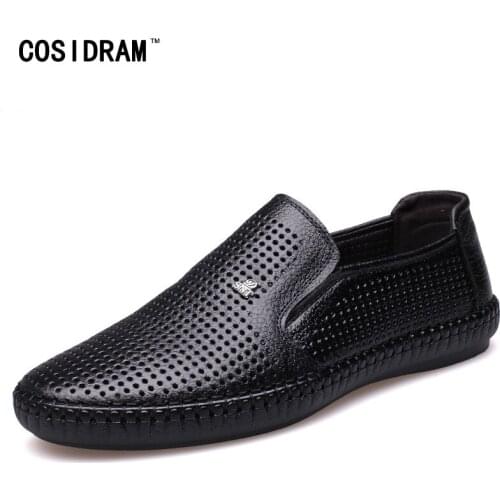 COSIDRAM Men Casual Shoes Genuine Leather Loafers Breathable Comfortable Shoes Hollow out Summer Fashion Driving Shoes SHB-020