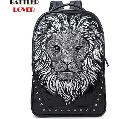 3D Embossed Lion Head Studded Rivet Gother Men Backpack Women Leather Soft Travel Punk Rock Backpack Laptop School Halloween Bag