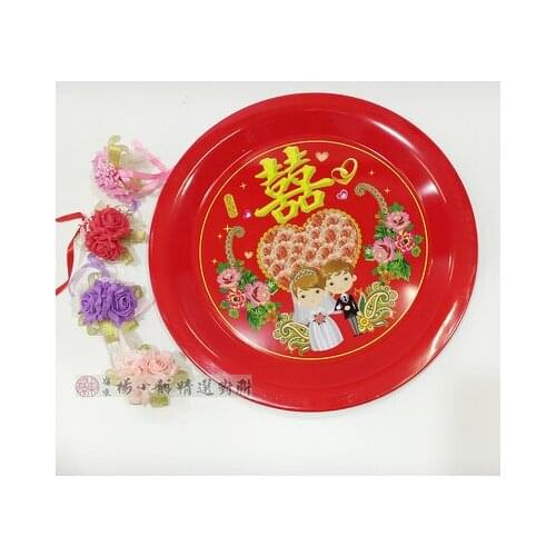 2PC SET red harmonious union lasting hundred years plate Tea tray wedding banquet stainless steel statues Home wedding