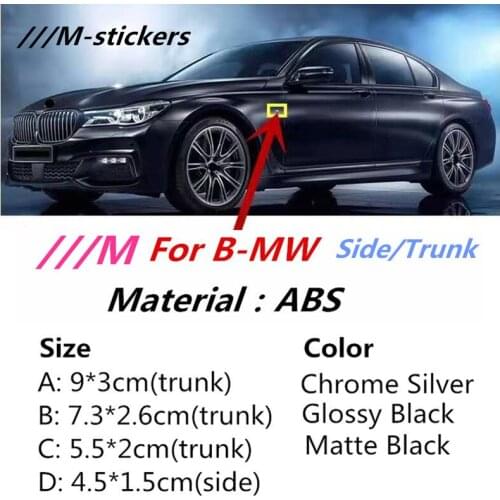 2pcs Side M emblem sticker for M 1 3 4 5 6 7E X M3 M5 M6 E36 F20 E92 X5 E87 E30 E46 E91 F31 X5 E53 E34 F11 E70 X1 X3 F25 E53 G20