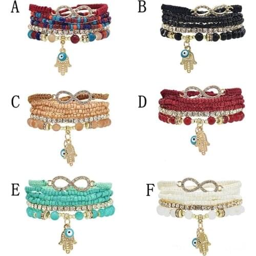 New style 6 piece/set Acrylic Heart Rhinestone Beads Bohemian Hand Tassel Bracelet & Bangles for Women Party Jewelry