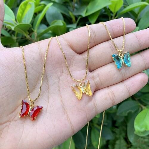 Crystal Glass Butterfly Necklace Lady Fashion 18K Gold Plated Zircon Choker Necklace Women Pink Butterfly Pendant Necklace