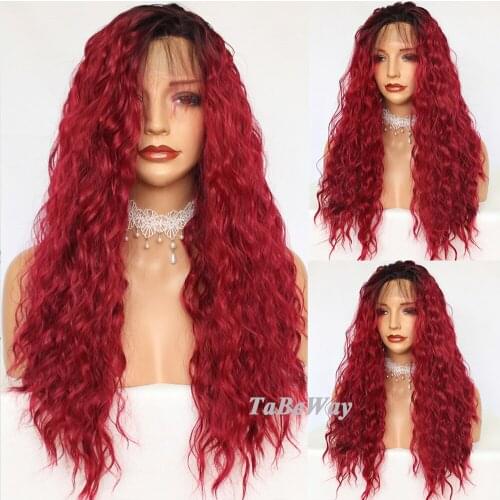 TaBeWay Long Curly Lace Front Wigs Red Color Wig Heat Resistant Glueless Loose Curls Synthetic Lace Front Wigs for Fashion Women