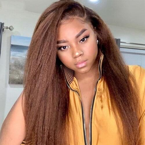 Brown Lace Front Human Hair Wigs Brazilian Remy Kinky Straight Lace Front Wig Bleached Knots Closure Wig For Women T Part Lace