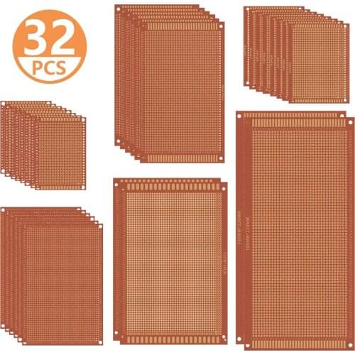 32Pcs Single Sided PCB Board Prototype Kit 6 Sizes Universal Printed Circuit Protoboard for DIY Soldering Project for Arduino