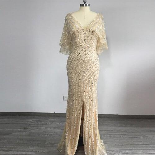 Luxury Dubai Arabic Sexy 2020 V-Neck Side Split Mermaid Evening Dresses with Shawl Crystal Beads Formal Prom Gowns