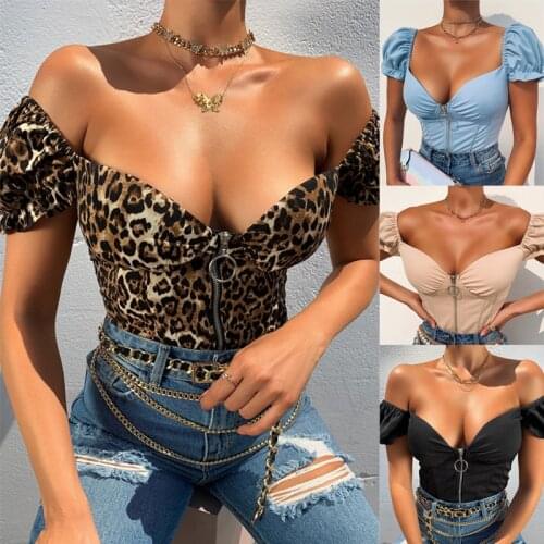 Sexy Skinny Solid Color Zipper Cropped Top Puff Sleeve Low-Cut Square Collar Summer Wild Chic Elegant Blouse Top for Ladies