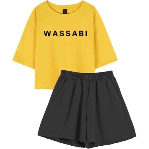 Wasabi Letter Print Women Tees Two Piece Set Summer Sleepwear Suit Short Sleeve T Shirt Women Japanese Style Shorts and Top Set