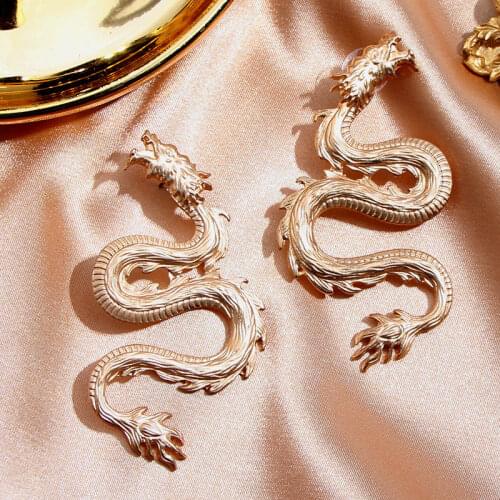 Flatfoosie Vintage Dragon Roar Stud Earrings For Women Jewelry Gold Color Geometric Personality Pendant Statement Earrings Gifts