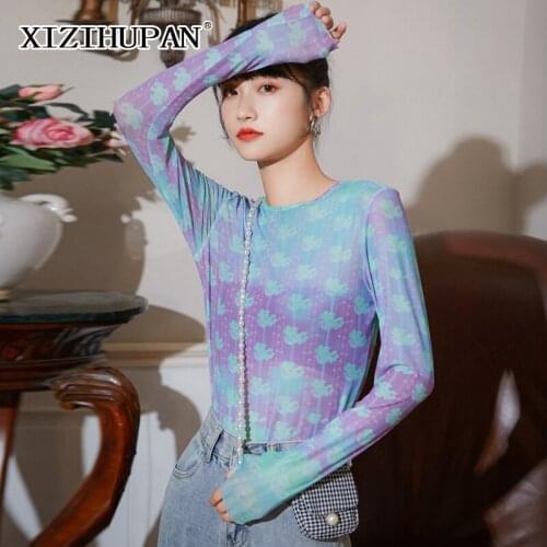 XIZIHUPAN Print Tops For Women O Neck Long Sleeve Plus Size Casual Hit Color Skinny T Shirt Female 2021 Fashion Spring Clothing