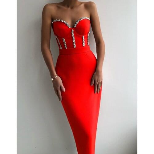 High Quality Red Khaki Black Strapless Crystal Beading Rayon Bandage Dress Elegant Club Party Dress Vestidos