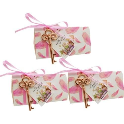 100 X Antique Metal Key Shape Beer Bottle Opener With Pink Candy Box & Tag Wedding Souvenir Gift Party Favor Supplies