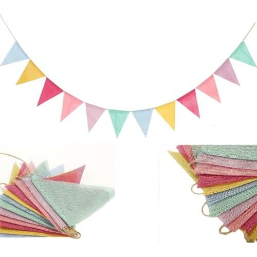 12 PCS 6-Color Wedding Decoration Party Color Pull Flag Imitation Linen Pennant Venue Garden Wedding Party Decoration Bunting