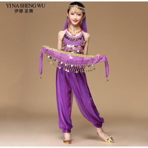 2018 children belly dance 5 pcs(top+pant+waist chain+bracelet+headdress) indian clothes girls belly dance bollywood costume
