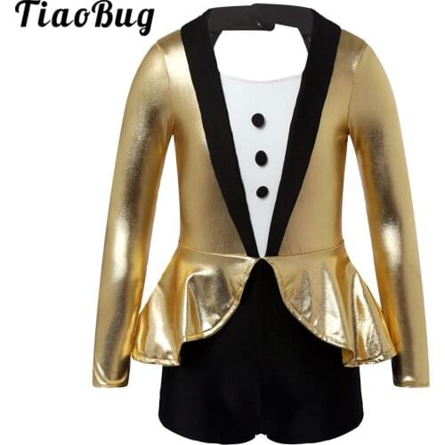 Kids Girls Metallic Long Sleeve Gymnastics Leotard Shorts Skating Stage Performance Latin Jazz Dance Unitard Bodysuit Costume