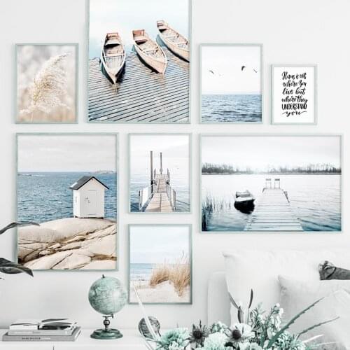 Reed Beach Bridge Boat Seagull Home Quote Wall Art Canvas Painting Nordic Posters And Prints Wall Pictures For Living Room Decor