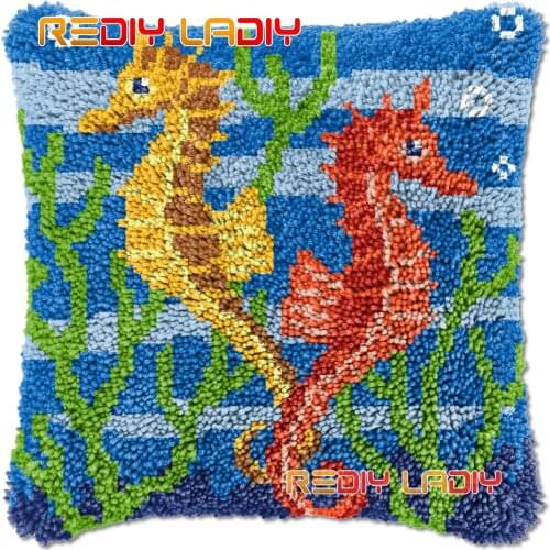 Latch Hook Cushion Hippocampus DIY Needlepoint Kits Chunky Acrylic Yarn Arts Crocheting Lofty Pillow Case Hobby & Crafts