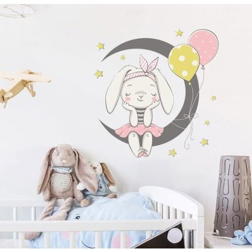 Cartoon Cute Bunny Sit On the Moon Wall Stickers with Rabbit Balloon Stars for Kids Room Baby Room Decoration Wall Decals PVC