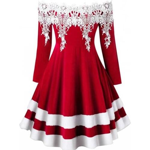 Retro Solid Color Long-sleeve Round Neck Fashion Dress Lace Decoration Stitching Mid-length Dress Christmas Costume Stage Wear