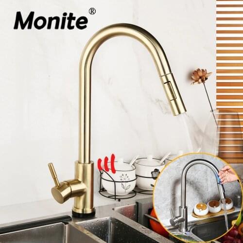 Monite Brushed Golden Kitchen Faucets Touch Control Smart Sensor Kitchen Mixer Touch Faucet Kitchen Pull Down Sink Tap Faucet