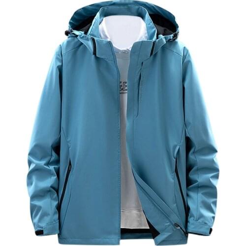 Mens Outdoor Solid Color Splice Detachable Hat Zipper Pocket Waterproof Coat Spring And Autumn Thin Sport Mens Trench Coat