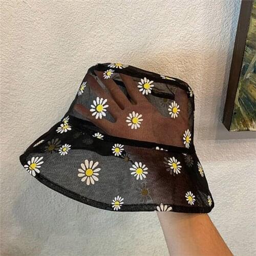 Daisies Embroidered Buckets Hat Women Transparent Panama Lace Flower Beach Hats High Top Snapback Fashion Daisy Sun Cap Summer