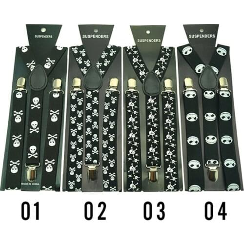 Women Men`S Unisex Shirt Clip-On Braces 1inch Wide 27 Fashion Design White Skull Mix Elastic Slim Suspender Y-Back Suspenders