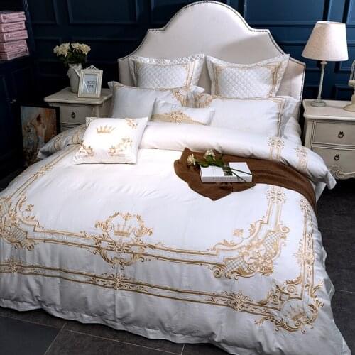 Luxury solid white 100S Egyptian cotton Embroidery Bedding sets Queen King Royal Duvet cover Bed sheet set Pillowcases 4/6pcs