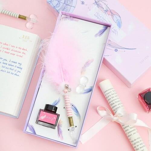 Pink Beautiful Feather Pen Colorful Quill Glass Pen for Writing crystal Dip pen ink Fountain Pen set creative birthday gift box