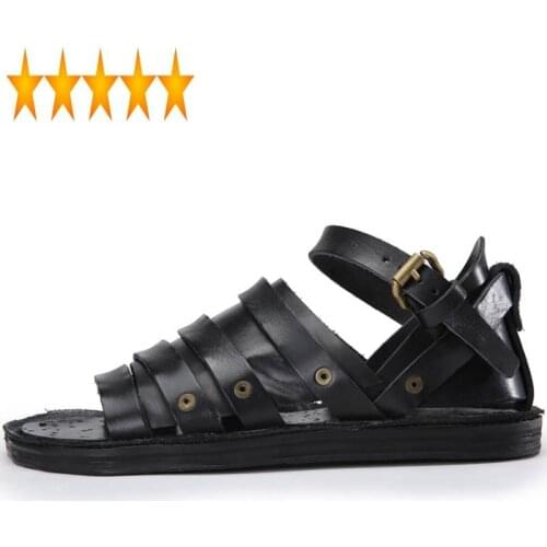 100% Real Leather Handmade Men Summer British Retro Flat Gladiator Lovers Open Toe Beach Buckle Strap Sandals