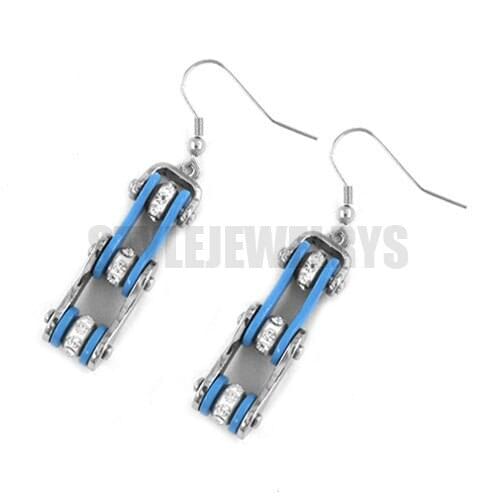 Wholesale Blue Bicycle Chain Earrings With Bling Rhinestone Stainless Steel Jewelry Motor Biker Drop Earrings SJE370124L