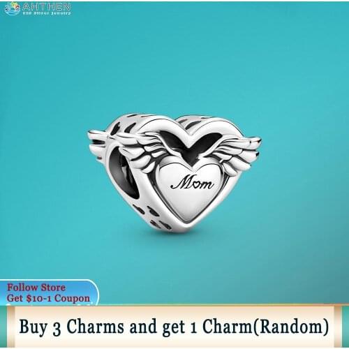 Ahthen 925 Sterling Silver Charm Angel Wings & Mum Charm fit Original Pandora Bracelets Women Jewelry Making Girl DIY Jewelry