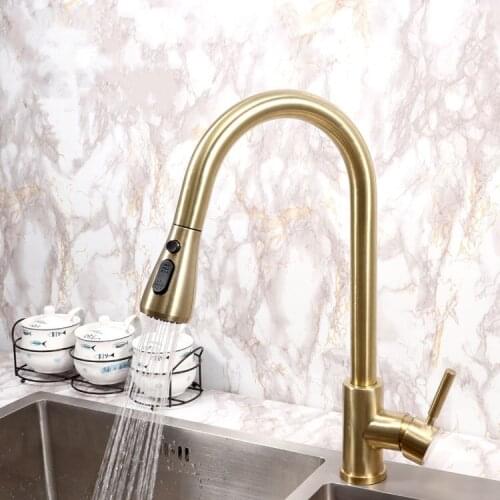 Modern Stainlesss Steel Kitchen Faucet Brushed Gold Basin Fauucet Hot and Cold Pull-out Water Tap Rainfall Mixer robinet cuisine