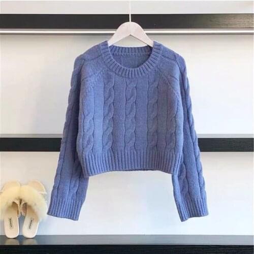 Autumn Winter New Womens Sweater Round Neck Pullover Kawaii Solid Color Lazy Yellow Beige Short Korean Knitting 2021