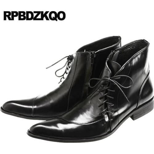 Genuine Leather Shoes Lace Up Full Grain Oxford Metalic Formal Plus Size Booties Chunky Black Mens Pointed Toe Dress Boots Ankle