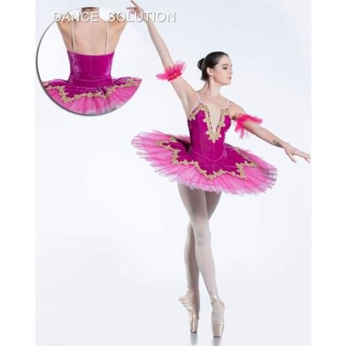 Hot Pink Velvet Bodice with Nude V neck Pleated Tutus Adult Professional Ballet Tutu Ballerina Dance Costumes for Girls BLL074