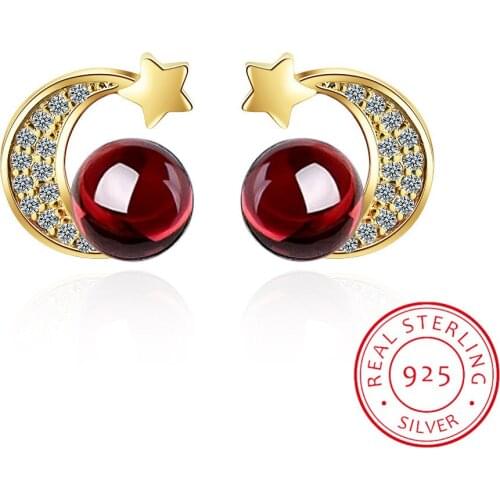 Simple Red Garnet Zirconia Star Moon Stud Earrings For Women 925 Sterling Silver Jeweley S-e851