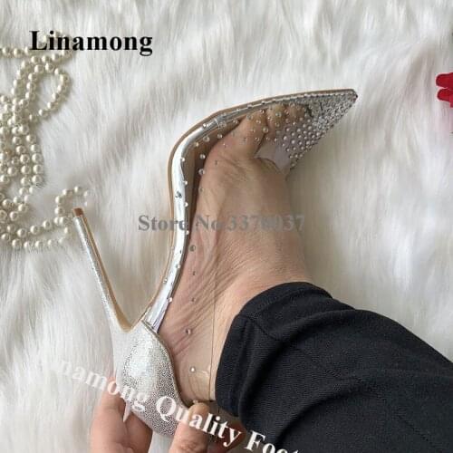 Linamong Sexy Pointed Toe Clear PVC Rhinestone Stiletto Heel Pumps Pointed Toe Transparent Crystal Silver Gold High Heels Shoes