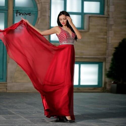 Finove Stunning Unique Evening Dress 2020 New Styles Big V-Neck Backless Sleeveless Crystal Beading Floor Length Party Dresses