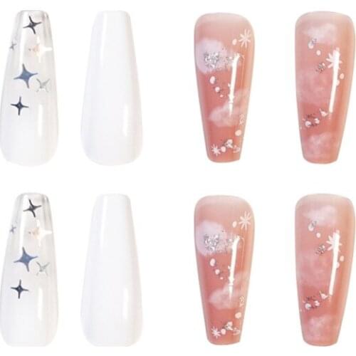 2 Colors Fake Nail Long Full Cover Extension Pink Wihte Stars Cloud Glossy Shinee DIY Decoration Removable Nail Art Tools