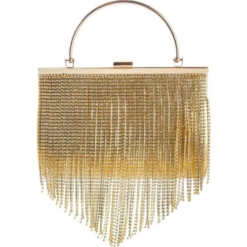 2021 Elegant Ladies Rhinetone Fringe Tassel Evening Bag For Women Gold Crystal Clutches Bag Phone Purse Pack Totes Wedding Bag